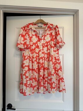 Floral Tiered Mini Dress in Coral and White